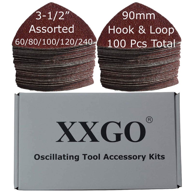XXGO 100 قطعة ورق صنفرة مثلثي 3-1/2 بوصة 90 مم 60/80 /100/120 /240 حبيبات مع خطاف وحلقة لأدوات الصنفرة المتعددة الخشب تحتوي على 20 من كل نوع تناسب وسادة صنفرة متعددة الأدوات 3.5 بوصة XG9020 - Image 1